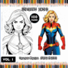 Coloring page featuring Captain Marvel, promoting a coloring book with 100 pages available at artcoloringpage.com for free coloring pages.