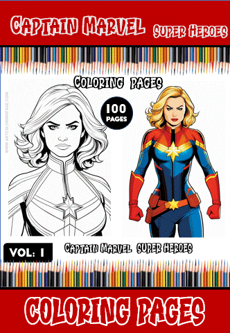 Coloring page featuring Captain Marvel, promoting a coloring book with 100 pages available at artcoloringpage.com for free coloring pages.