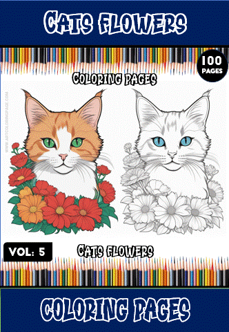 A coloring book cover featuring two illustrated cats surrounded by flowers, with one cat in orange and white and the other in gray and white. The title 'Cats Flowers Coloring Pages' is prominently displayed at the top, with 'Volume 5' and '100 Pages' noted on the cover.