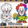 A colorful clown illustration featuring two clowns, one in black and white and the other adorned in vibrant colors, with a flower. The background includes colorful pencils and text reading 'CLOWN' and 'COLORING PAGES' along with 'VOL: II' and '100 PAGES'.