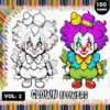 A coloring page featuring two clowns: one in black and white for coloring and the other in vibrant colors. The page highlights clown flowers and is part of a coloring book series with a bold 'CLONW' title at the top and colorful pencil graphics in the background.