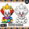 Coloring book cover featuring two clowns, one colored and one in black and white. The colored clown has red hair and a multi-colored outfit, while the black and white clown also has a similar design but is uncolored. The title reads 'Clown Flowers Vol. 8' with '100 Pages' noted above.