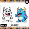 Two cartoon monsters, one white and fluffy and the other blue with colorful horns, featured on a coloring book cover for artcoloringpage.com.