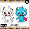 Cute blue and white monster characters are featured on a coloring book cover, promoting 