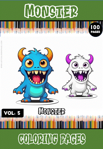 Colorful monster characters from a coloring book, featured in a fun design for artcoloringpage.com, with 100 pages of coloring pages.