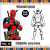 Deadpool coloring pages from a coloring book, featuring a colorful illustration and a black and white version, available for free at artcoloringpage.com.