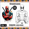 Coloring page featuring Deadpool in two styles: a colored version and a line art version for free coloring pages from artcoloringpage.com.