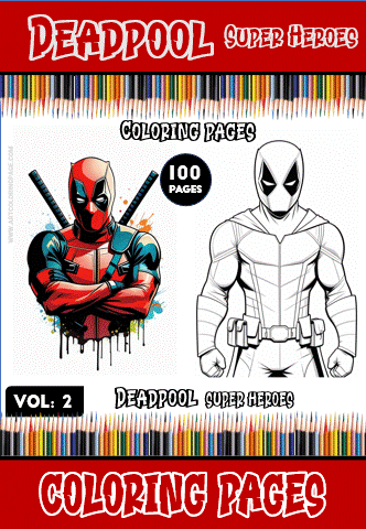 Coloring page featuring Deadpool in two styles: a colored version and a line art version for free coloring pages from artcoloringpage.com.