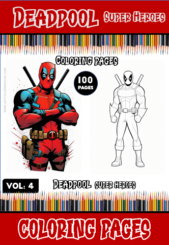 Deadpool coloring book cover featuring two illustrations, one colored and one outlined, promoting free coloring pages from artcoloringpage.com.