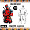 Deadpool coloring book cover featuring colored illustration and black and white outline, promoting free coloring pages at artcoloringpage.com.