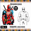 Deadpool coloring pages from a coloring book featuring a colored and black-and-white illustration, promoting free coloring pages at artcoloringpage.com.