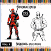 Deadpool coloring pages from artcoloringpage.com, featuring both a colored example and a black-and-white outline for a free coloring book.