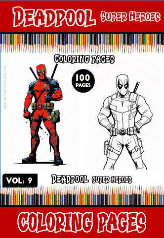 Deadpool coloring pages from artcoloringpage.com, featuring both a colored example and a black-and-white outline for a free coloring book.