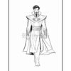 A character dressed in a long cape and ornate costume, with a distinctive amulet, walking confidently.