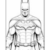 A black and white outline drawing of Batman, featuring his iconic cape and cowl, standing with a serious expression.