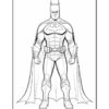 Batman stands in a powerful pose, wearing his iconic suit, cape, and cowl, ready for action.