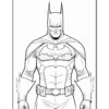 Batman in a muscular pose with a cape and cowl, featuring a detailed emblem on his chest and a serious expression.