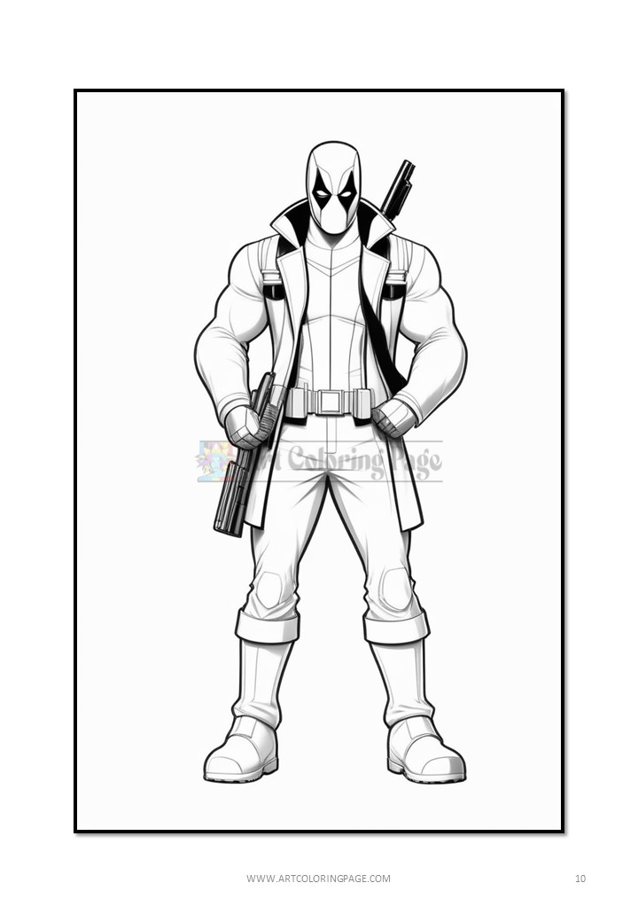 Deadpool stands confidently with crossed arms, showcasing his muscular build and signature costume details, including belts and weapons.