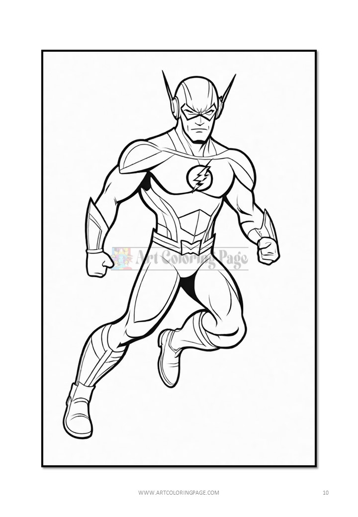 Line art illustration of the superhero Flash, depicted in a dynamic running pose, wearing a red costume and yellow lightning emblem.