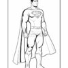Superman stands confidently with a cape, wearing his iconic 
