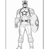 Captain America stands confidently, wearing his iconic costume with a shield and a star emblem on his chest.