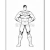 Superman stands confidently with his hands on his hips, showcasing his iconic symbol and muscular build in a coloring page style.