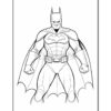 Line art drawing of Batman in a heroic pose with a cape and muscular build, ready for action.