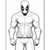 Deadpool in a superhero pose, wearing a suit with a belt and mask, displayed in a coloring page style.