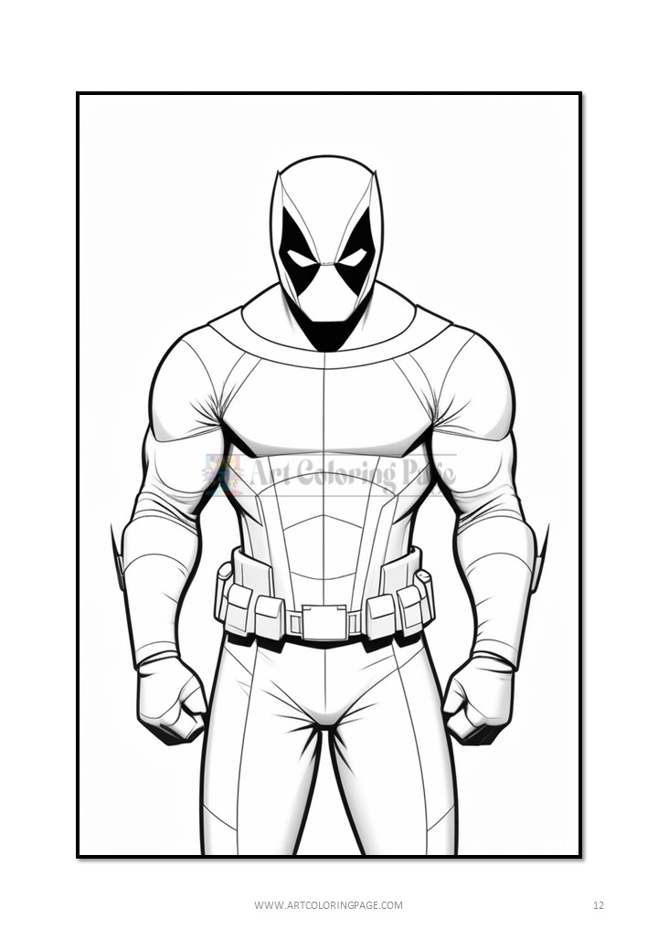 Deadpool in a superhero pose, wearing a suit with a belt and mask, displayed in a coloring page style.