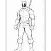 Line art illustration of Deadpool, a character in a red and black suit, holding a katana with a confident pose.
