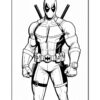 A cartoon-style black and white illustration of Deadpool in a superhero pose, holding katanas on his back.