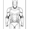 A detailed line art illustration of a superhero in an armored suit, standing confidently with clenched fists.