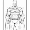 A line drawing of Batman, featuring his iconic cape and suit, with a serious expression and clenched fists.