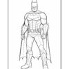 A line art illustration of Batman, depicted in a heroic pose with a cape and utility belt, ready for action.