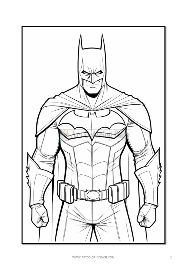 Black and white line art of Batman in a heroic pose, wearing his iconic cape and cowl, with a detailed utility belt.
