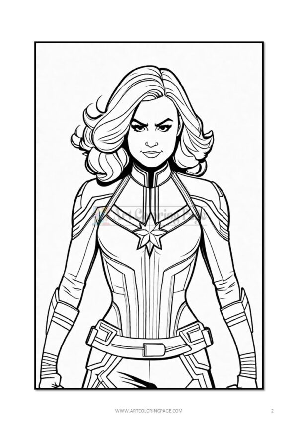 A black and white coloring page featuring Captain Marvel in her superhero costume, striking a powerful pose.