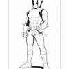 Deadpool stands confidently in a stylized, black and white coloring page, featured with his signature costume and weapons.