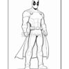 Deadpool in a superhero pose, wearing a black and red suit with a cape, ready for action.