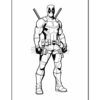 A black and white outline illustration of Deadpool, a superhero with a red and black suit, holding two katanas on his back.