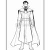 Line art of a male character with a cape and distinctive collar, resembling a wizard or sorcerer, for coloring.