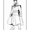 A black and white drawing of a superhero resembling Doctor Strange, wearing a cape and sorcerer's outfit.