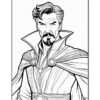 black and white illustration of Doctor Strange with a distinctive cape and amulet, focusing on his intense expression and hairstyle.