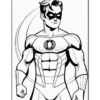 A muscular superhero with a black mask and emblem, wearing a blue and white suit, stands confidently with a determined expression.