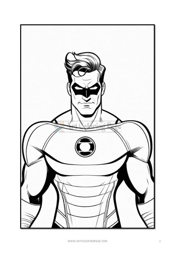 A muscular superhero with a prominent green emblem on his chest, featuring short, styled hair and a serious expression.