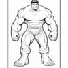 Hulk, a large muscular green superhero, stands with a fierce expression, ready for action in a black and white outline style.