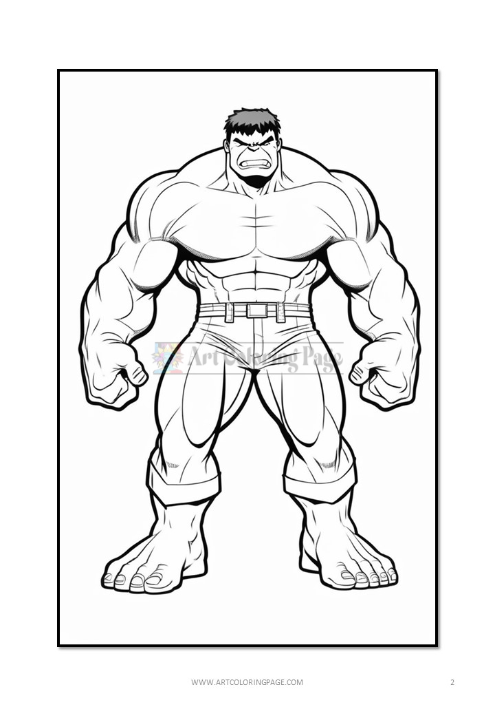 Hulk, a large muscular green superhero, stands with a fierce expression, ready for action in a black and white outline style.