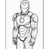 Iron Man in a detailed black-and-white coloring page illustration, showcasing his iconic suit and helmet design.