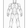 A detailed black and white line drawing of a superhero figure resembling Iron Man, ideal for coloring activities.