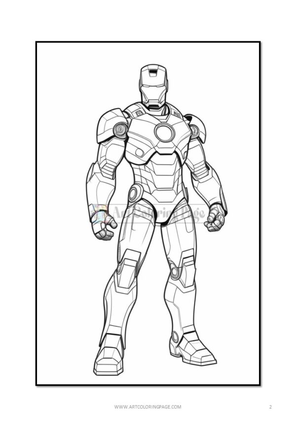 Iron Man in a detailed coloring page outline, showcasing his armored suit and iconic design elements.
