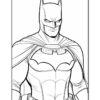 Line art illustration of Batman in a serious pose, wearing his iconic bat suit and cape.